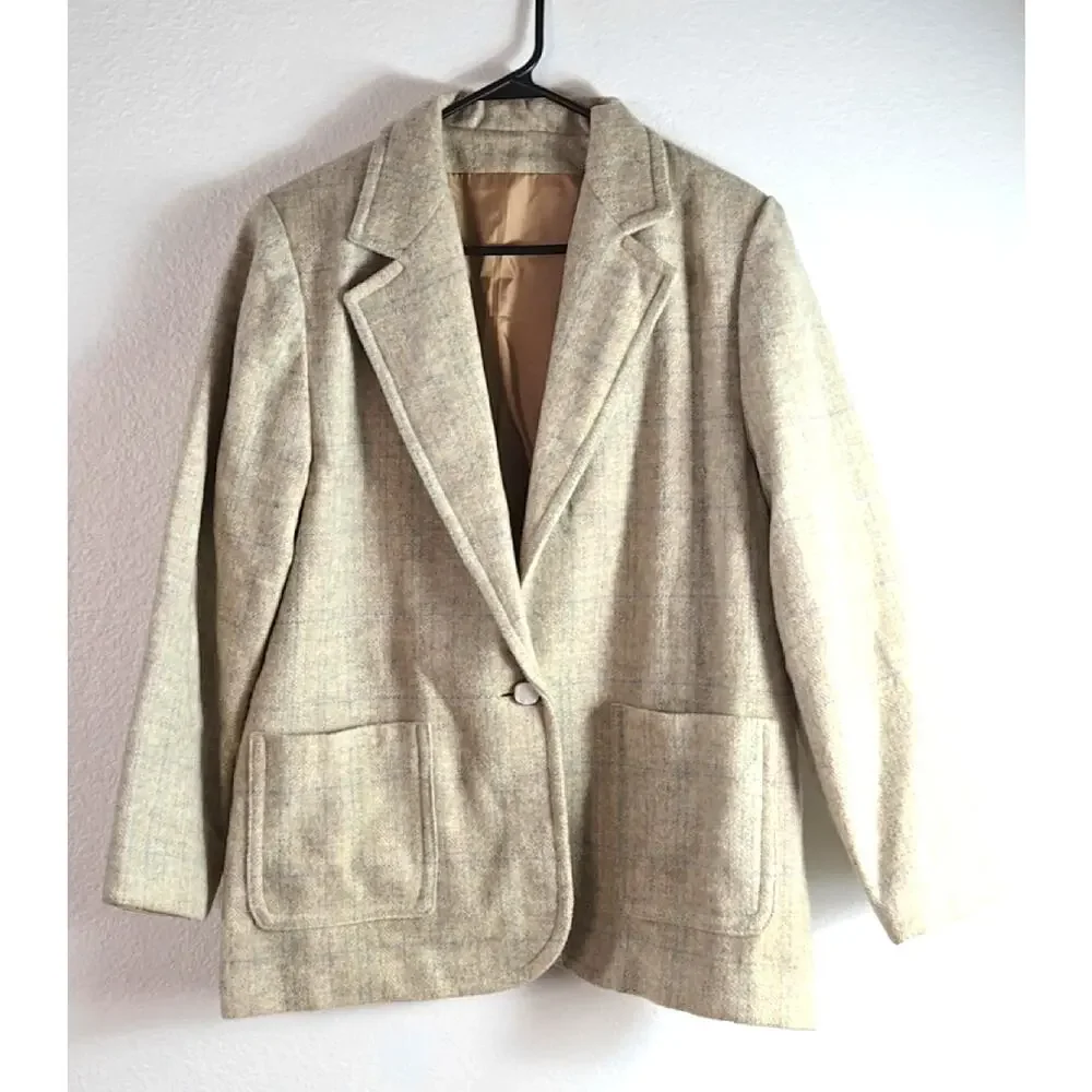 Vintage Handmade Wool Plaid Blazer Women’s L Lined Shoulder Pads